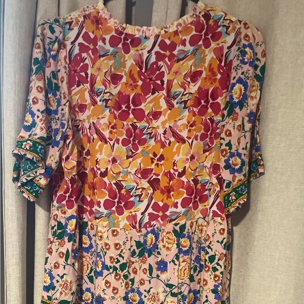 UMGEE Boho Floral Patchwork Dress Size S Smocked Tie Neck - Picture 3 of 7